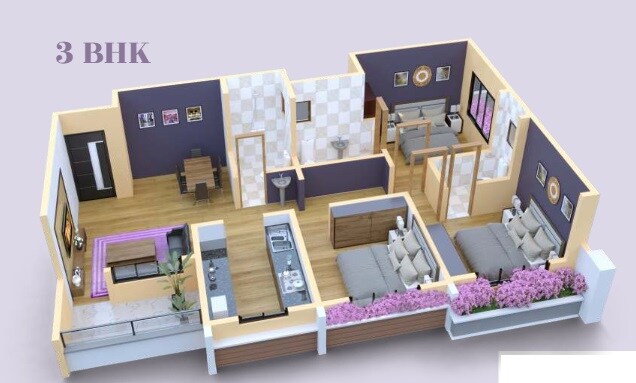 Floor plan of 3 BHK 833 Sq. Ft. Apartment in Jayant Ushakiran Enclave, Thane