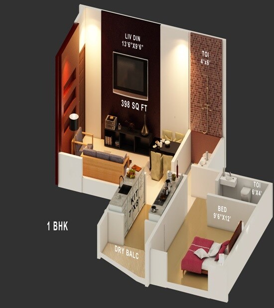 Floor plan of 1 BHK 398 Sq. Ft. Apartment in Jaycee Bhagtani Riyo Phase II, Thane