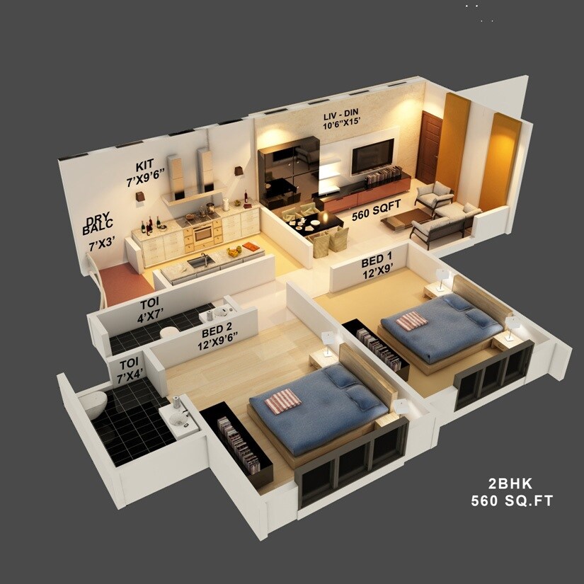 Floor plan of 2 BHK 560 Sq. Ft. Apartment in Jaycee Bhagtani Riyo Phase II, Thane