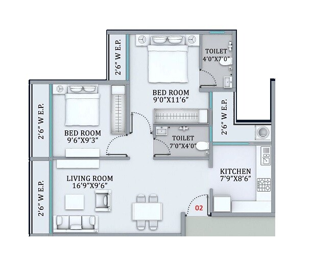 Floor plan of 2 BHK Apartment - 631 sq. ft. in Jayram Heights, Thane