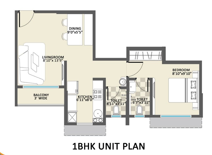 Floor plan of 1 BHK 422 Sq. Ft. Apartment in Jewel Vistaz, Thane