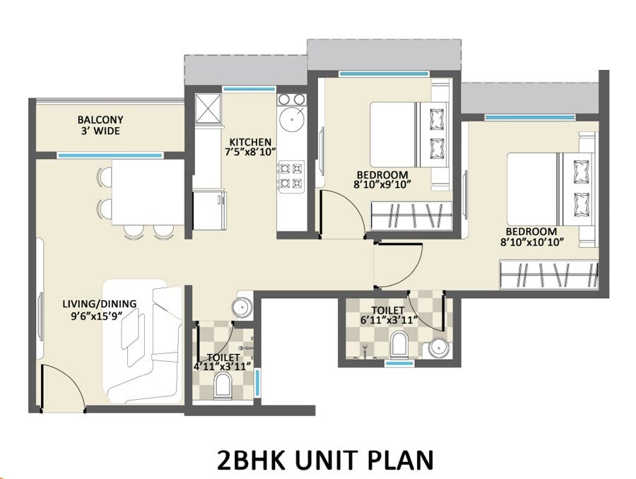 Floor plan of 2 BHK 575 Sq. Ft. Apartment in Jewel Vistaz, Thane