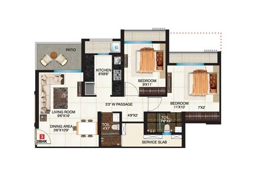 Floor plan of 2 BHK 527 Sq. Ft. Apartment in JH Regency Park, Thane