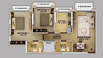 Floor plan of 2 BHK 540 Sq. Ft. Apartment in JK Iris, Thane