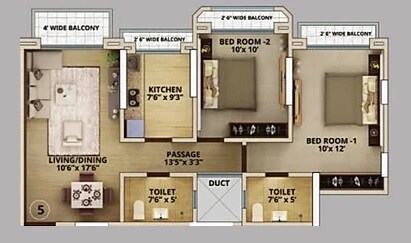 Floor plan of 2 BHK 658 Sq. Ft. Apartment in JK Iris, Thane