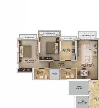 Floor plan of 2 BHK 540 Sq. Ft. Apartment in JK Iris Phase 2, Thane