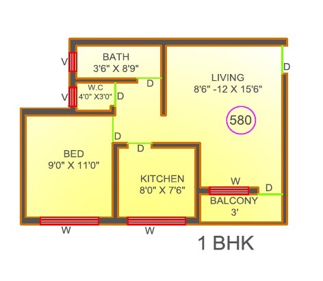 Floor plan of 1 BHK 580 Sq. Ft. Apartment in JKT Usha Joshi Park, Thane