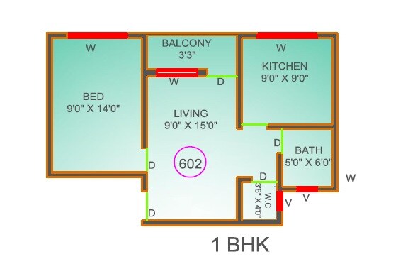 Floor plan of 1 BHK 602 Sq. Ft. Apartment in JKT Usha Joshi Park, Thane