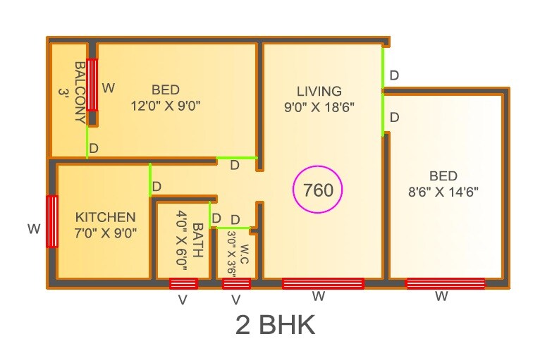 Floor plan of 2 BHK 760 Sq. Ft. Apartment in JKT Usha Joshi Park, Thane