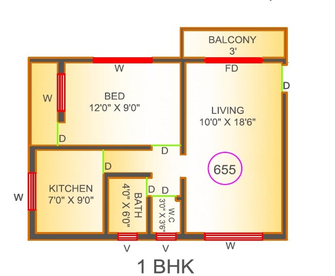 Floor plan of 1 BHK 386 Sq. Ft. Apartment in JKT Usha Joshi Park Phase 2, Thane