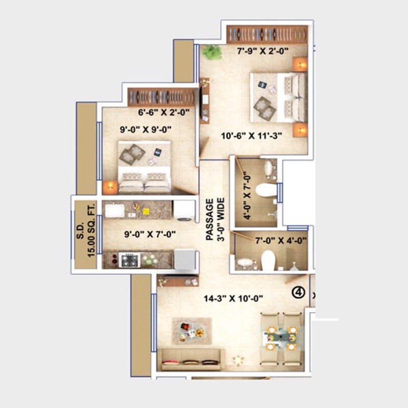 Floor plan of 2 BHK 554 Sq. Ft. Apartment in Joshi Darshani CHS, Thane