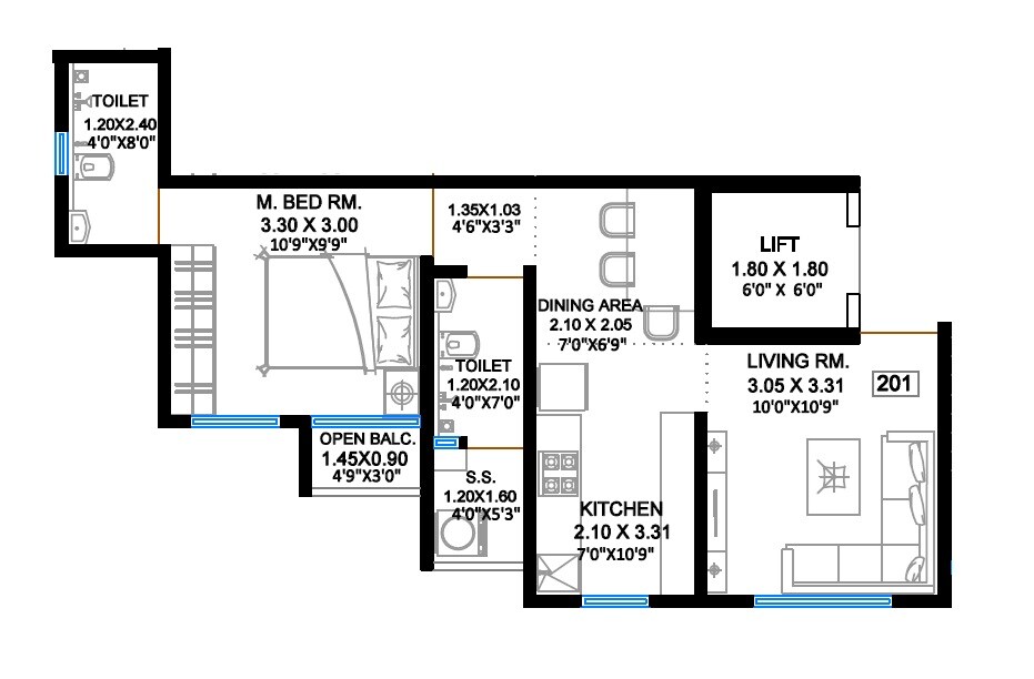 Floor plan of 1 BHK 422 Sq. Ft. Apartment in Joshi Shree Apartments, Thane