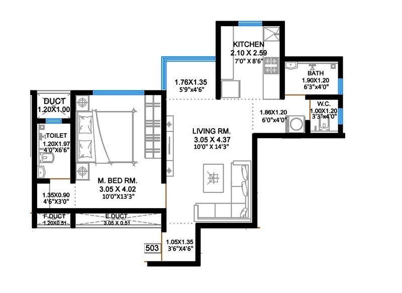 Floor plan of 1 BHK 498 Sq. Ft. Apartment in Joshi Shree Apartments, Thane