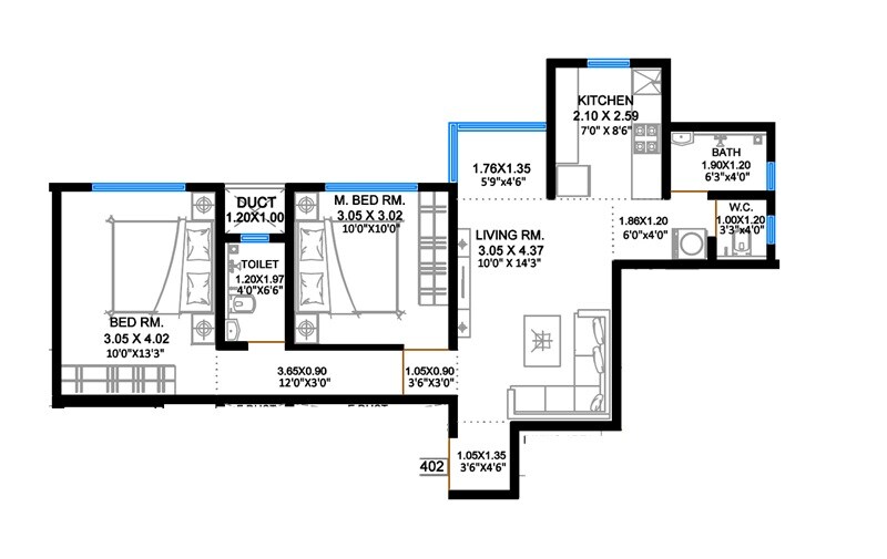 2 BHK 634 Sq. Ft. Apartment