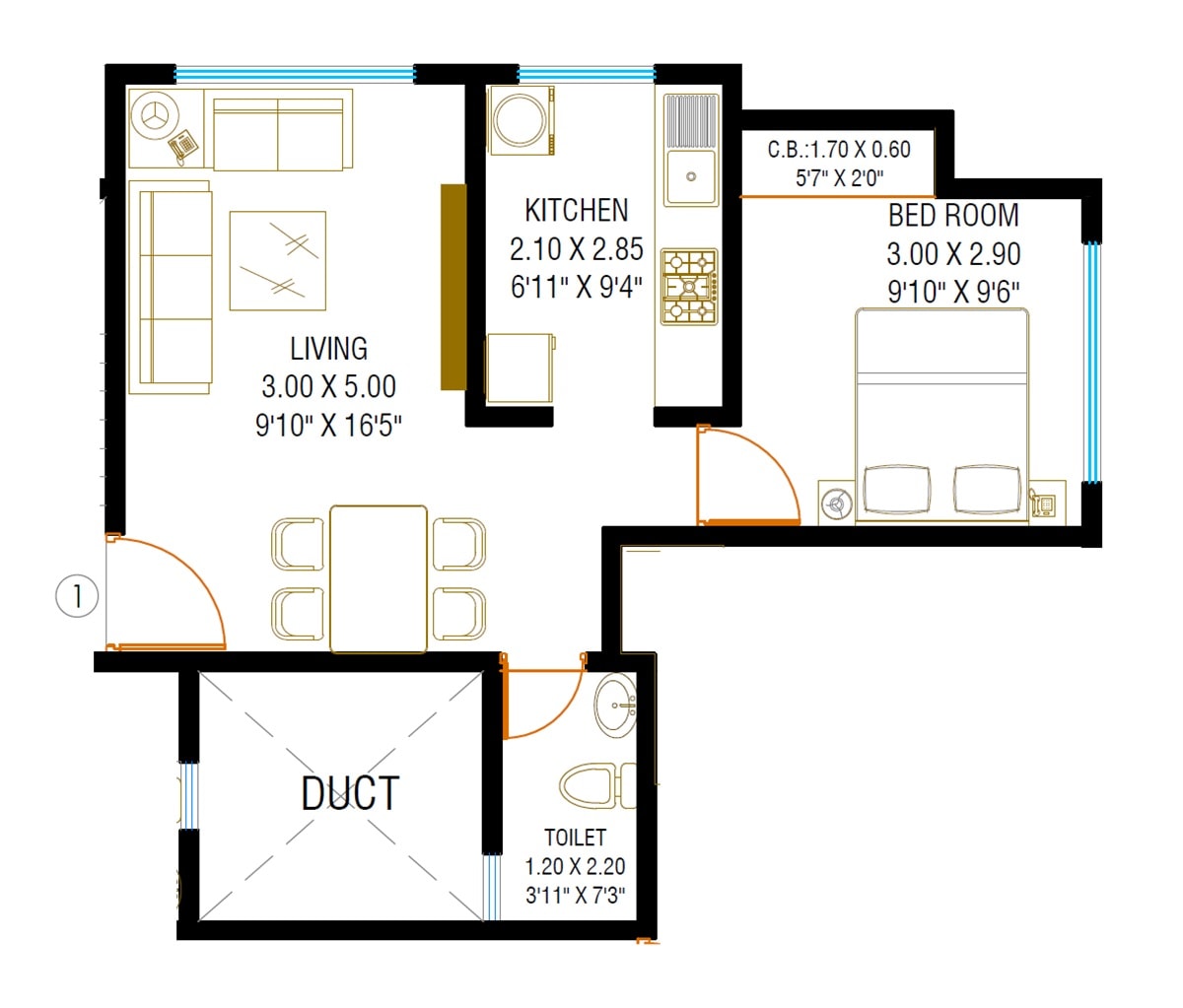 Floor plan of 1 BHK 412 Sq. Ft. Apartment in Joshi Sujan CHS, Thane