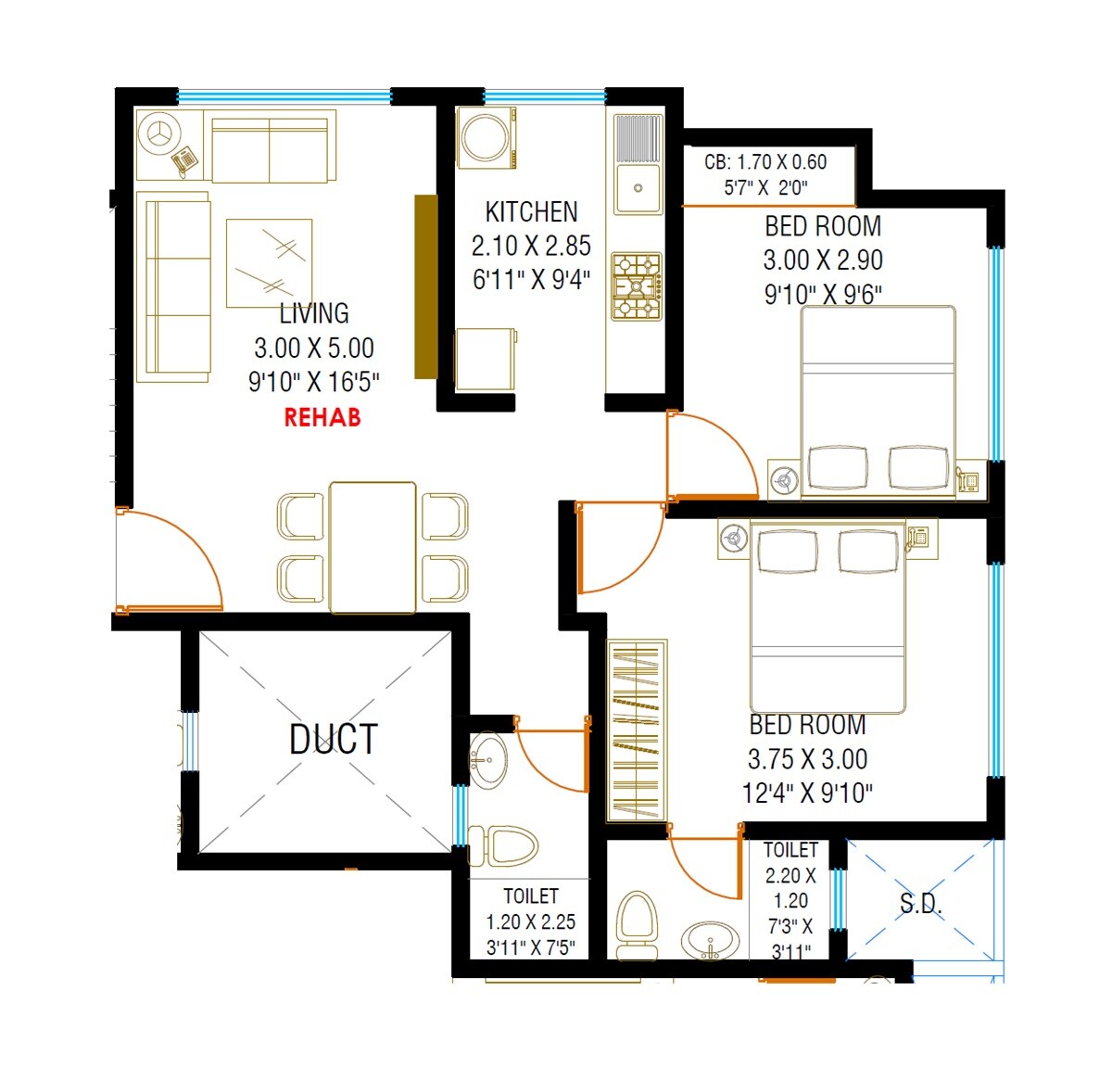 Floor plan of 2 BHK 615 Sq. Ft. Apartment in Joshi Sujan CHS, Thane
