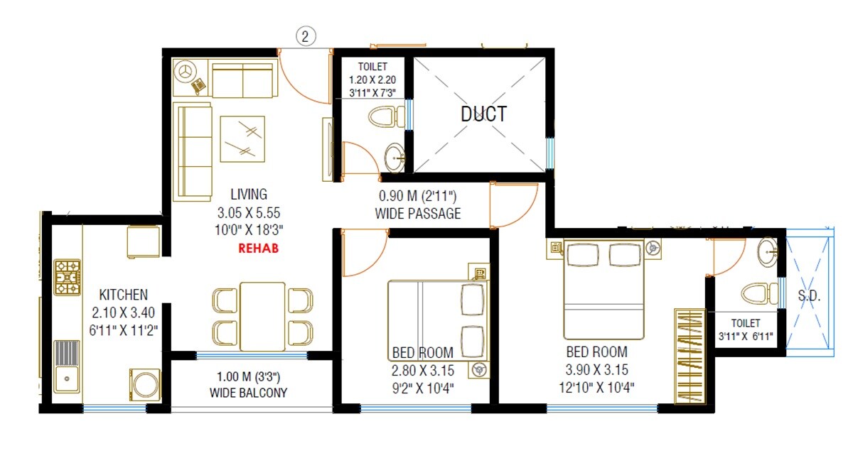 Floor plan of 2 BHK 650 Sq. Ft. Apartment in Joshi Sujan CHS, Thane