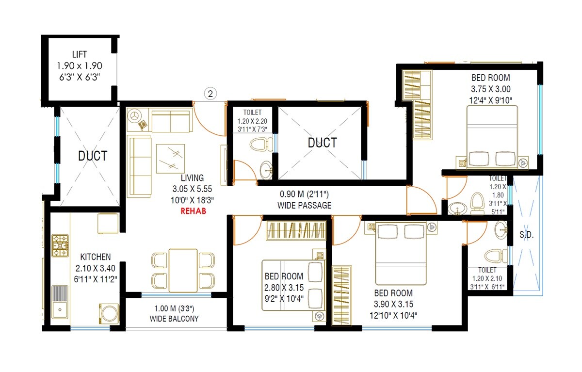 Floor plan of 3 BHK 820 Sq. Ft. Apartment in Joshi Sujan CHS, Thane