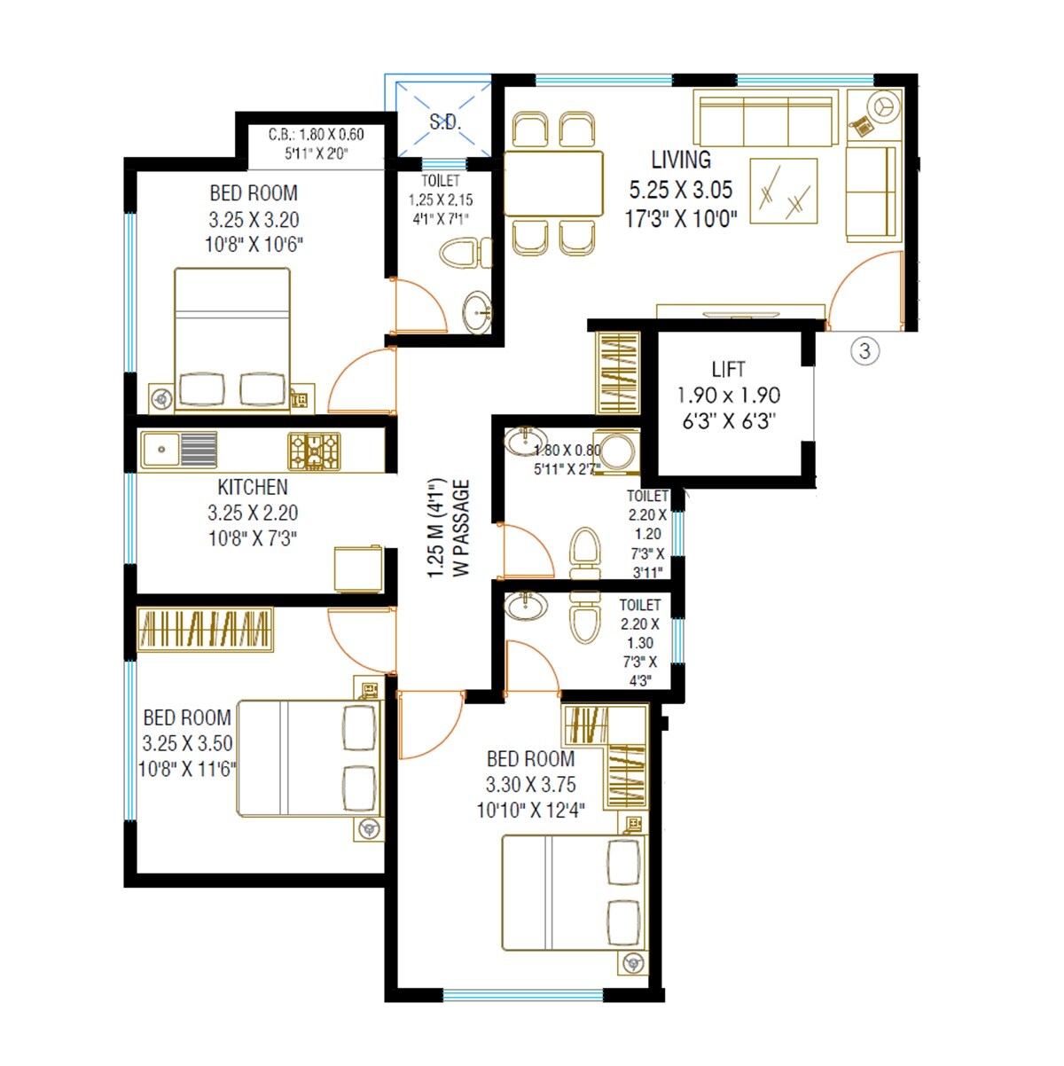 Floor plan of 3 BHK 882 Sq. Ft. Apartment in Joshi Sujan CHS, Thane