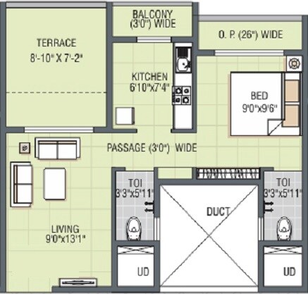 Floor plan of 1 BHK 418 Sq. Ft. Apartment in JP Harmony, Thane