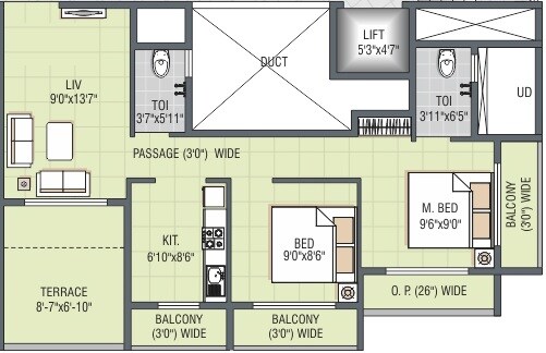 Floor plan of 2 BHK 546 Sq. Ft. Apartment in JP Harmony, Thane