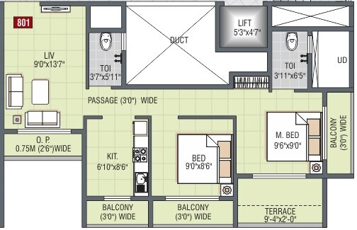 Floor plan of 2 BHK 563 Sq. Ft. Apartment in JP Harmony, Thane