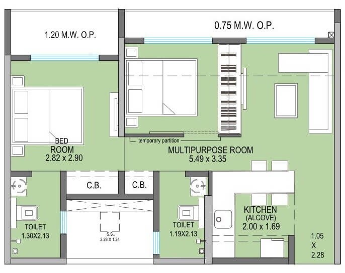 Floor plan of 2 BHK 501 Sq. Ft. Apartment in JP North Atria, Thane