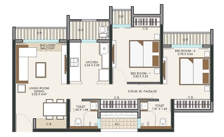 Floor plan of 2 BHK 506 Sq. Ft. Apartment in JP North Estella, Thane
