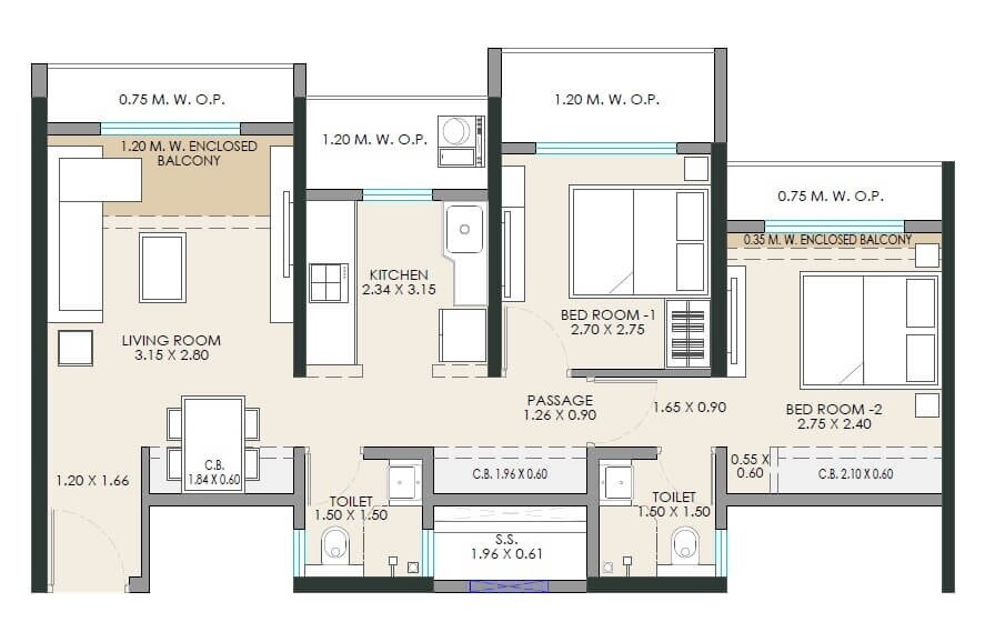 Floor plan of 2 BHK 694 Sq. Ft. Apartment in JP North Euphoria, Thane