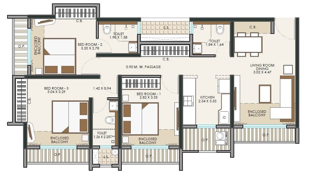 Floor plan of 3 BHK 915 Sq. Ft. Apartment in JP North Euphoria, Thane
