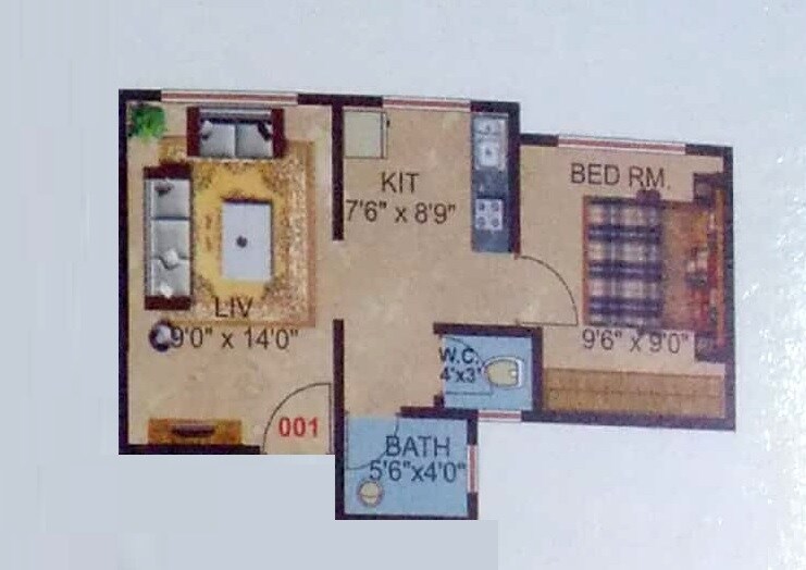 Floor plan of 1 BHK 422 Sq. Ft. Apartment in JP Omkar Heights, Thane
