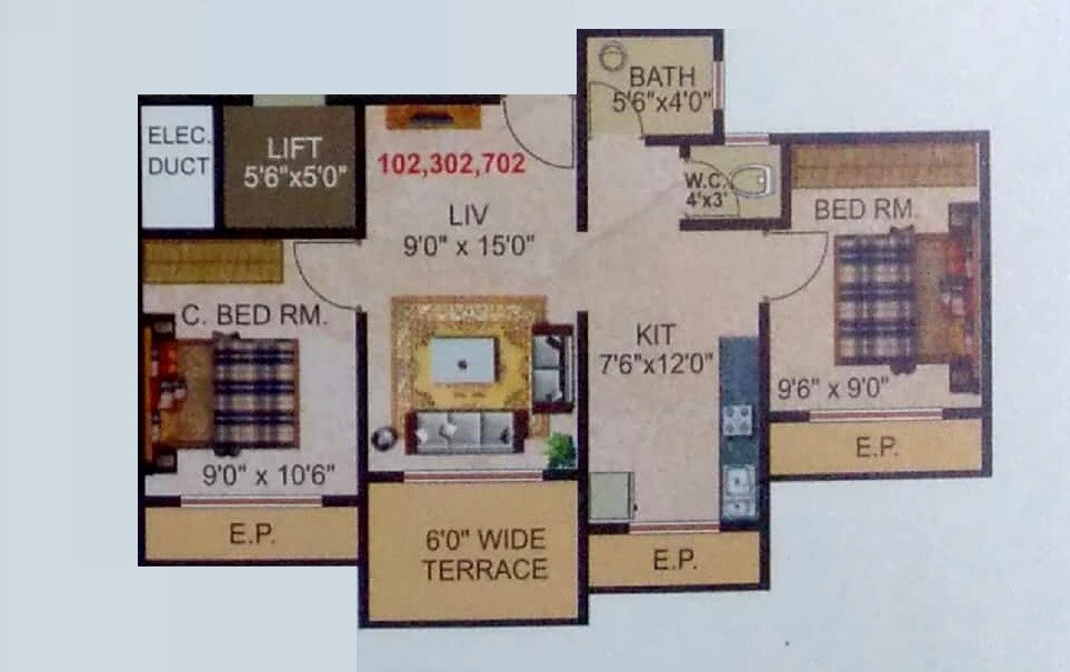 Floor plan of 2 BHK 450 Sq. Ft. Apartment in JP Omkar Heights, Thane