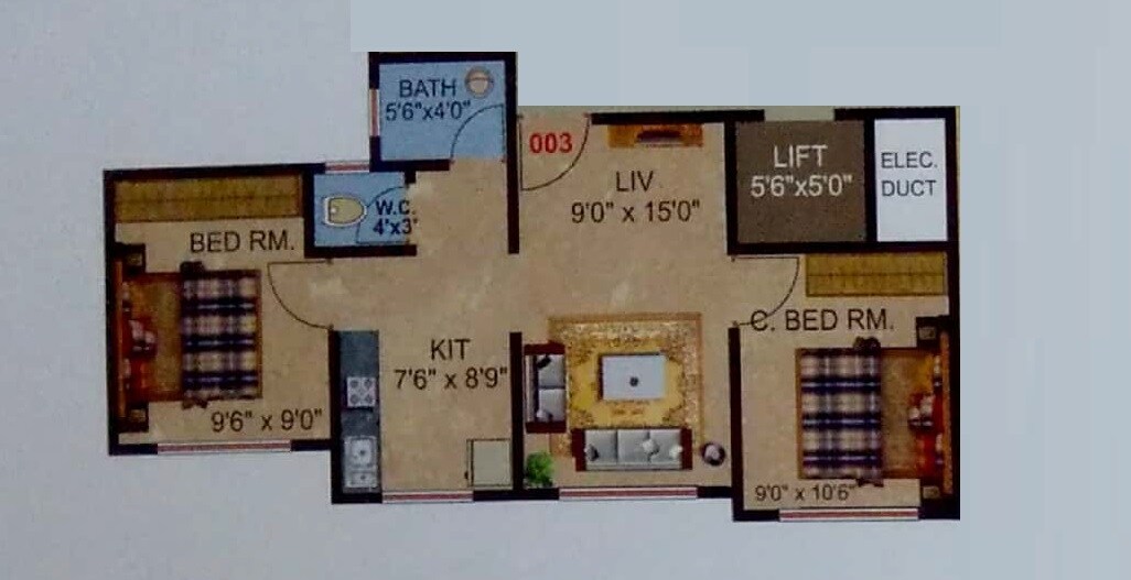 Floor plan of 2 BHK 537 Sq. Ft. Apartment in JP Omkar Heights, Thane