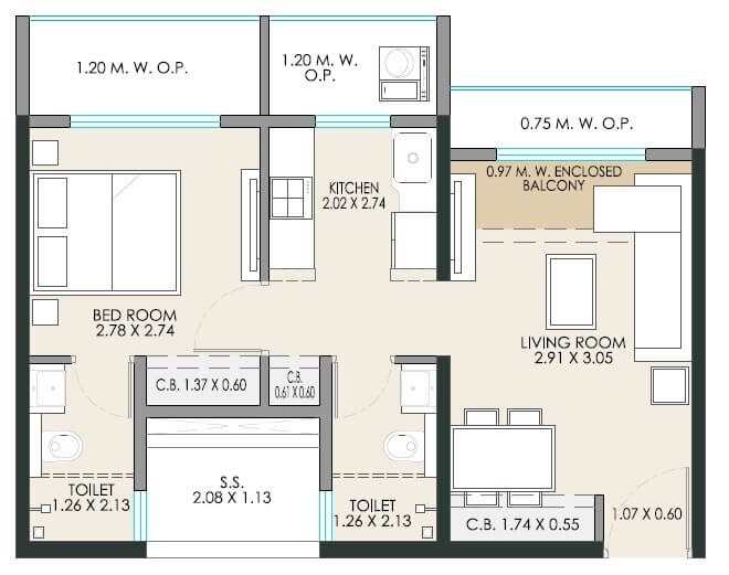 Floor plan of 1 BHK 455 Sq. Ft. Apartment in JP Stand Tall, Thane
