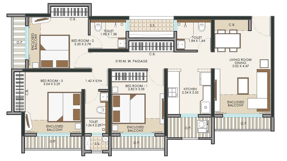 Floor plan of 3 BHK 900 Sq. Ft. Apartment in JP Stand Tall, Thane