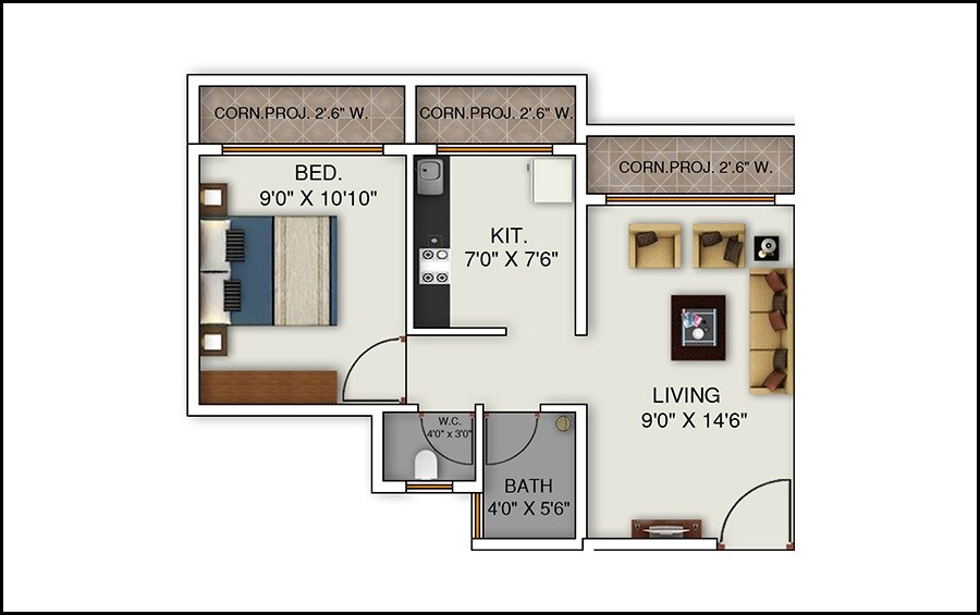 Floor plan of 1 BHK 364 Sq. Ft. Apartment in Juhi Alok Galaxy, Thane