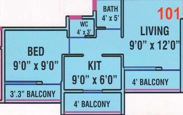 Floor plan of 1 BHK 585 Sq. Ft. Apartment in Jupiter Commanders Vatika, Thane