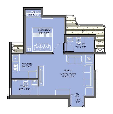Floor plan of 1 BHK 350 Sq. Ft. Apartment in JVM Accord, Thane