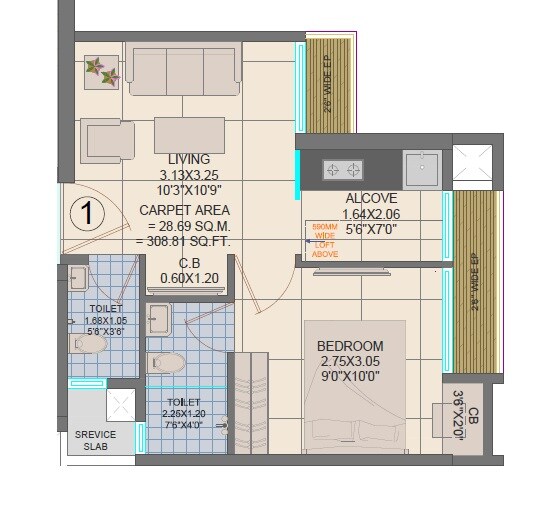 Floor plan of 1 BHK 309 Sq. Ft. Apartment in JVM Aroma, Thane