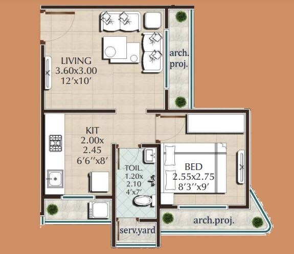 Floor plan of 1 BHK 301 Sq. Ft. Apartment in JVM Corner Stone, Thane
