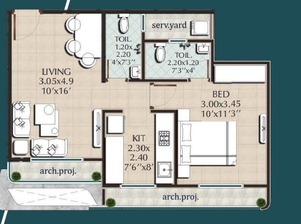 Floor plan of 1 BHK 454 Sq. Ft. Apartment in JVM Corner Stone, Thane