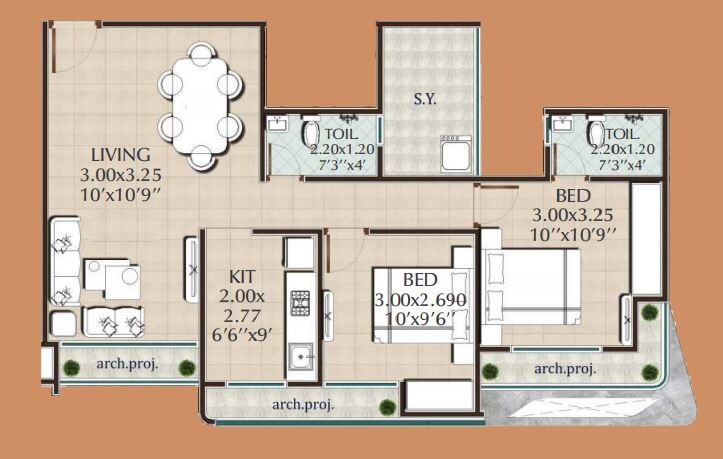 Floor plan of 2 BHK 675 Sq. Ft. Apartment in JVM Corner Stone, Thane