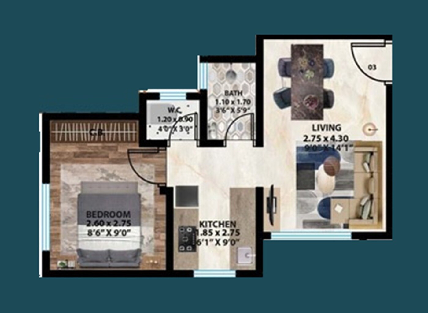 Floor plan of 1 BHK 323 Sq. Ft. Apartment in JVM Emerald, Thane