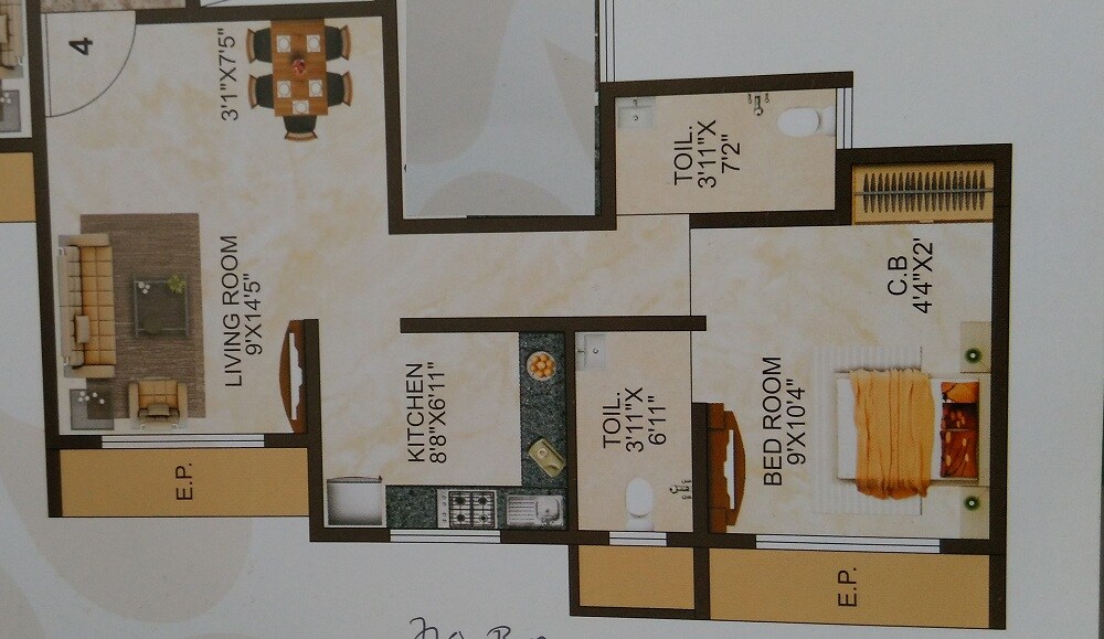 Floor plan of 1 BHK 419 Sq. Ft. Apartment in Jvm Florencia, Thane
