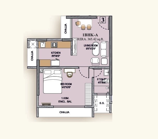 Floor plan of 1 BHK 365 Sq. Ft. Apartment in JVM Magnum, Thane