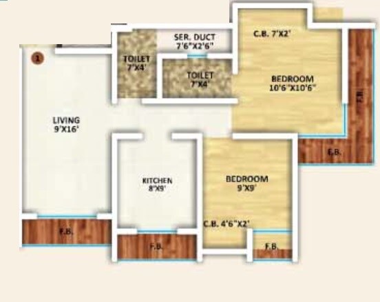 Floor plan of 2 BHK 483 Sq. Ft. Apartment in JVM Olive, Thane