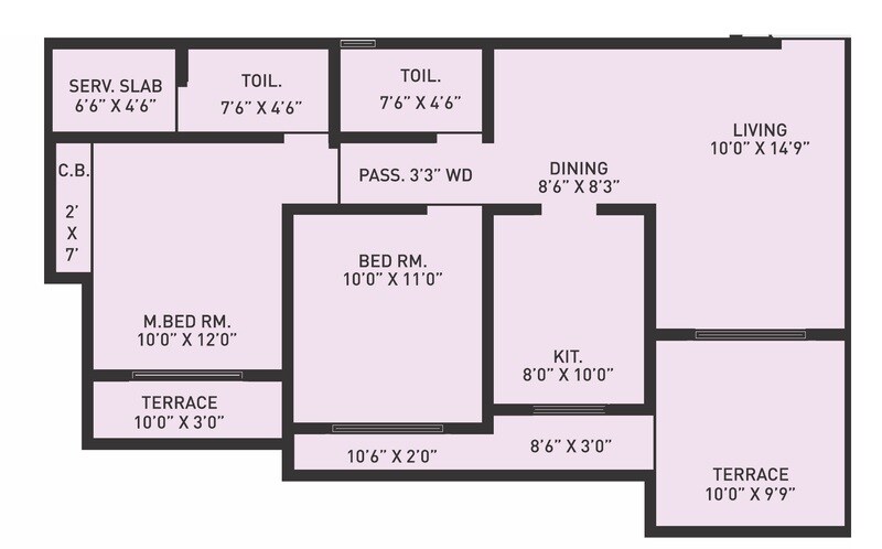 Floor plan of 2 BHK 599 Sq. Ft. Apartment in JVM Orchid, Thane