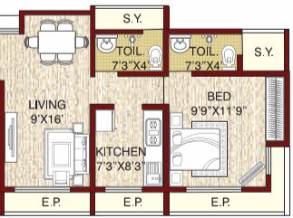 Floor plan of 1 BHK 419 Sq. Ft. Apartment in JVM Sky Court, Thane