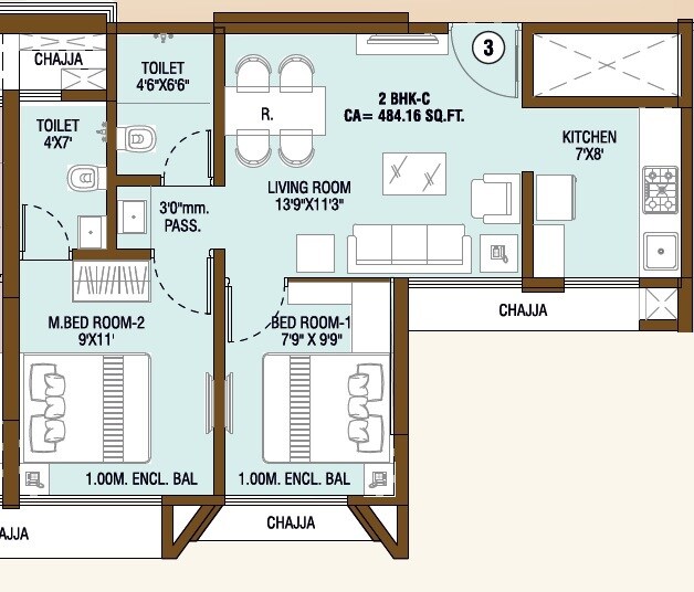 Floor plan of 2 BHK 546 Sq. Ft. Apartment in JVM Spectrum, Thane