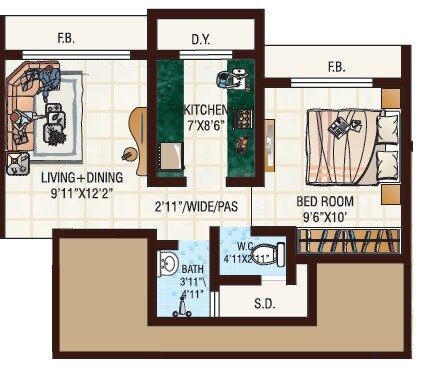 Floor plan of 1 BHK 346 Sq. Ft. Apartment in JVM Tiara, Thane